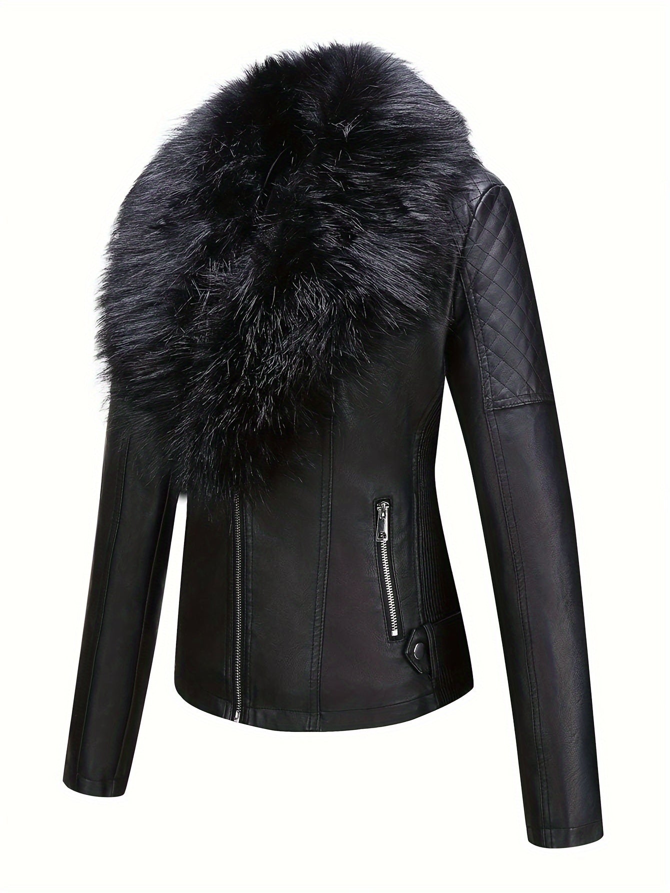 Women's Retro Faux Leather Motorcycle Jacket with Detachable Large Fur Collar - Fall/Winter