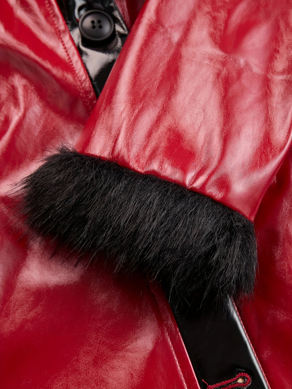 Women's Red PU Leather Long Coat with Black Faux Fur Collar & Cuffs – Regular Fit X-Line Single-Breasted Winter Jacket with Pockets, Vintage Biker Casual