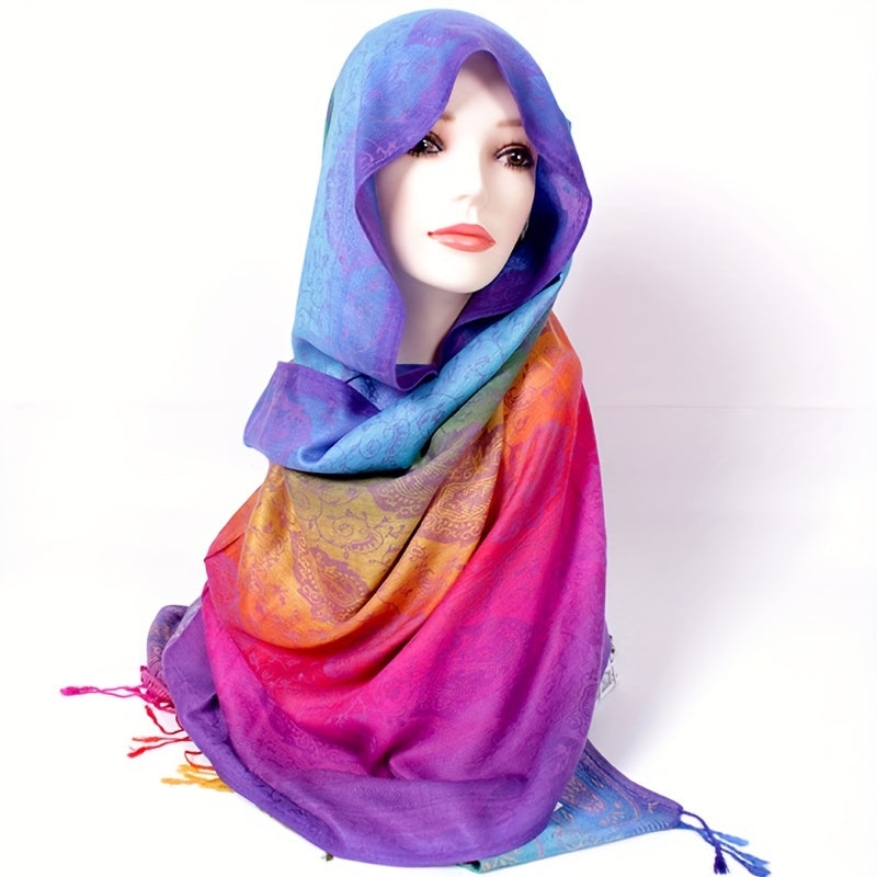 Women's Bohemian Jacquard Tassel Shawl – Rainbow Gradient Pashmina-Style Scarf, Paisley Fringed Wrap 79 x 28 in (200 x 71 cm)