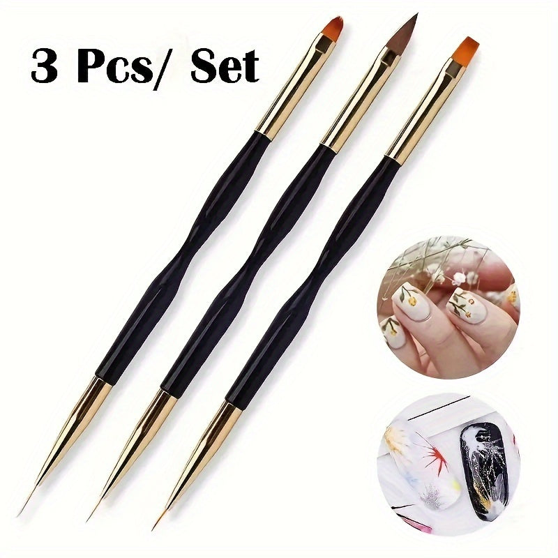 3-Piece Double-Ended Nail Art Brush Set – Precision Liner & Detail Painting Pens for Acrylic Nails