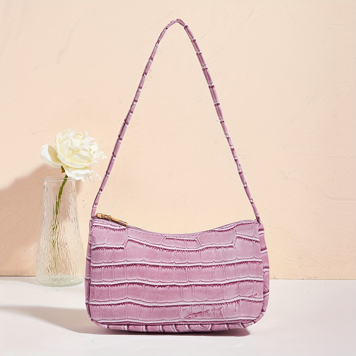 Golden Crocodile-Embossed Shoulder Baguette Bag for Women, Metallic Underarm Purse — Chic Everyday & Mother's Day Gift