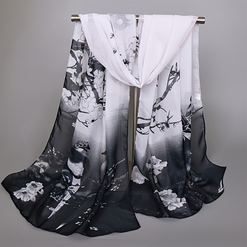 Vintage Magpie Print Long Imitation Silk Chiffon Scarf, Lightweight Shawl Wrap