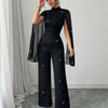 Women's Starry Night Jumpsuit with Metal Mesh – Stand Collar Wide-Leg Evening Pantsuit, Long Formal & Semi-Formal, Mid Stretch