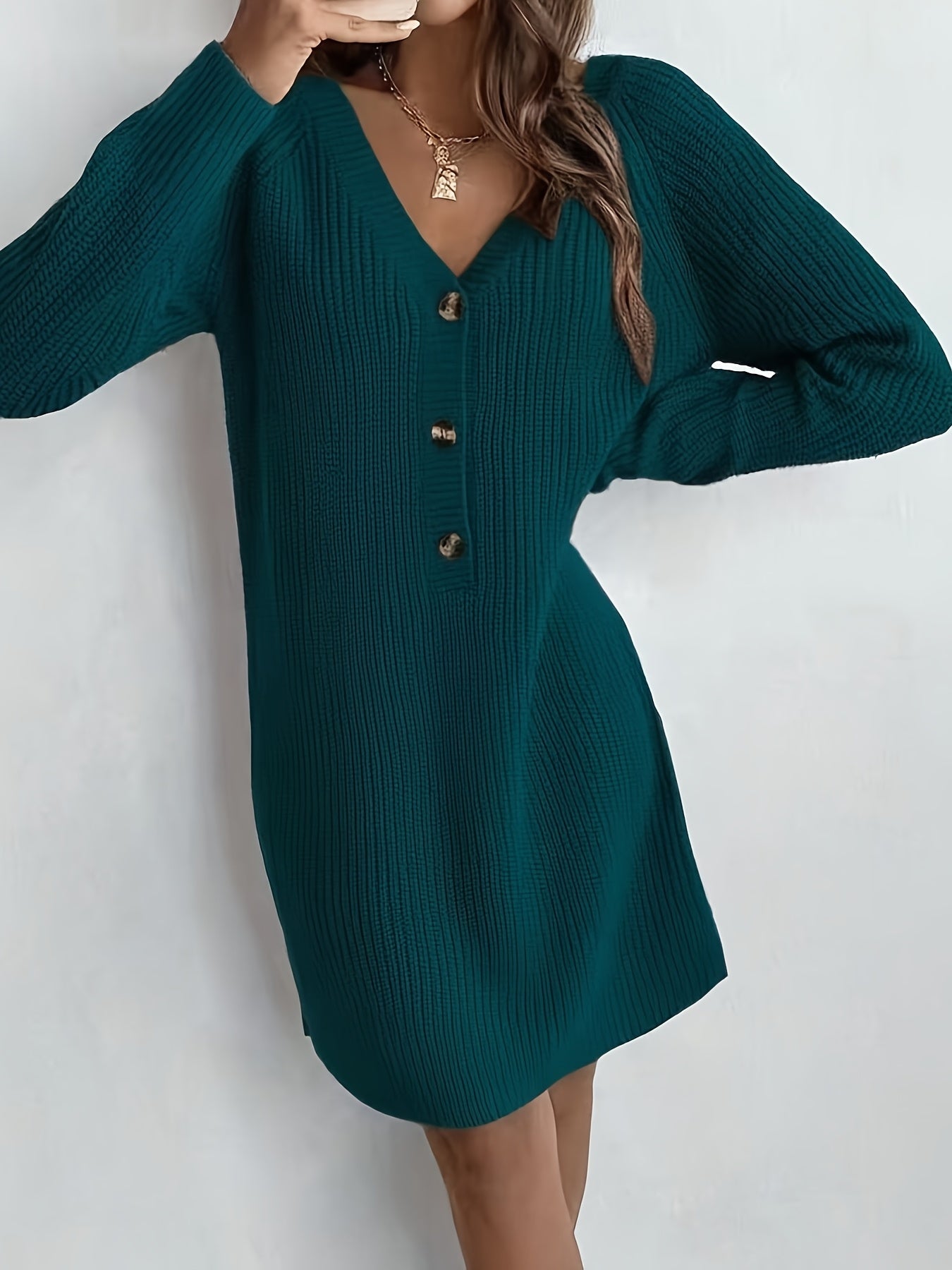 Plus Size V-Neck Long Sleeve Sweater Dress with Single Button Closure, Soft Pink Loose-Fit Casual Chic
