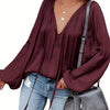 Women's Red V-Neck Long Sleeve Blouse — Elegant Office & Party Top, Machine Washable