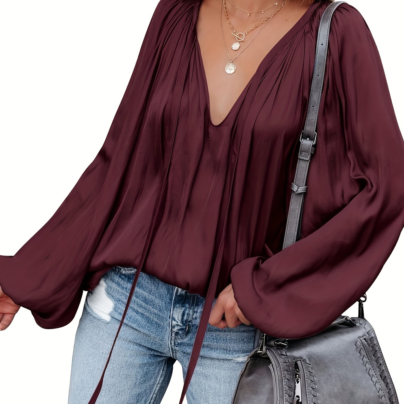 Women's Red V-Neck Long Sleeve Blouse — Elegant Office & Party Top, Machine Washable