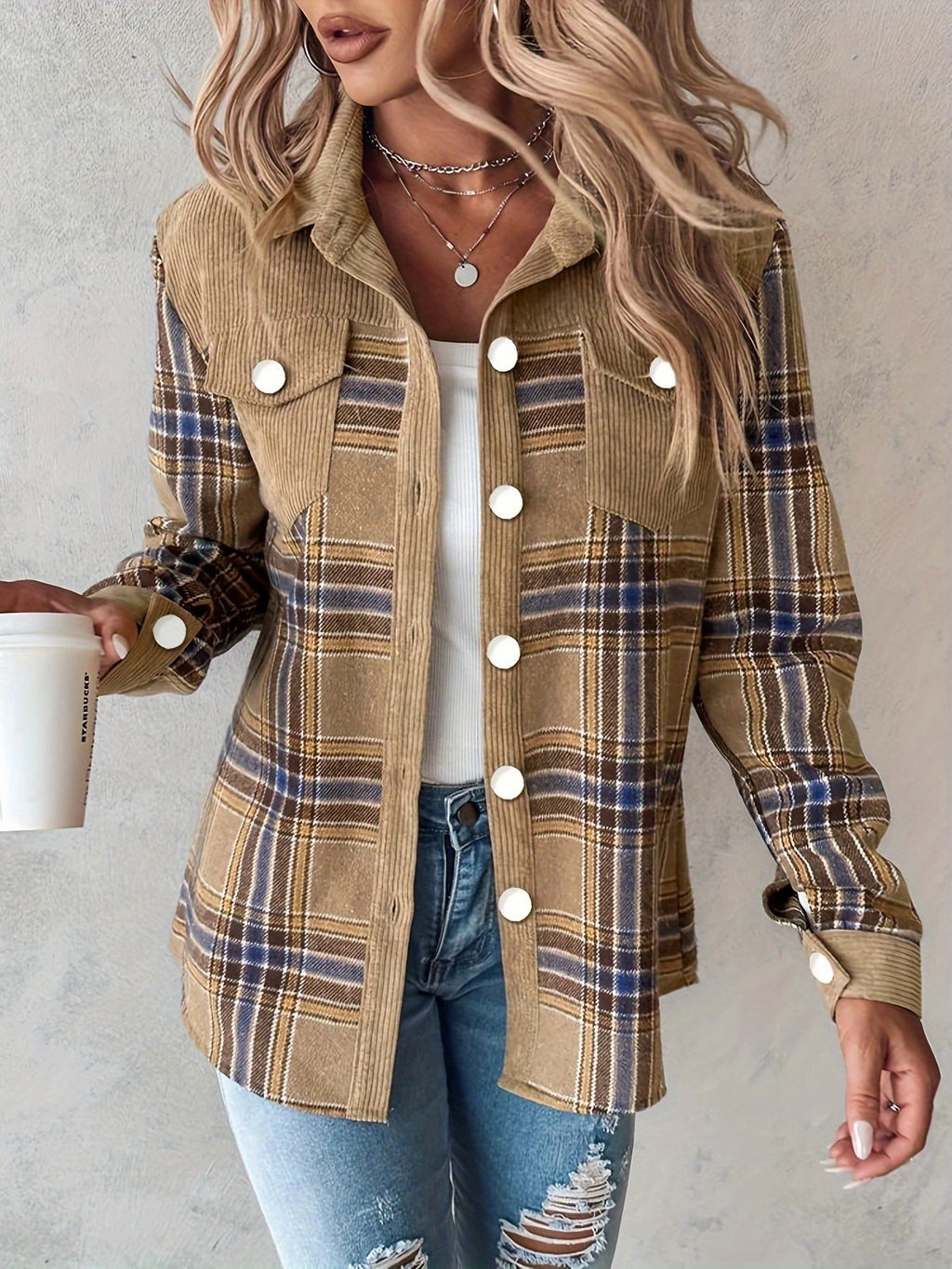 Women's Pink & Black Plaid Long Sleeve Button Shirt - Square Neck, 100% Polyester, Machine Washable