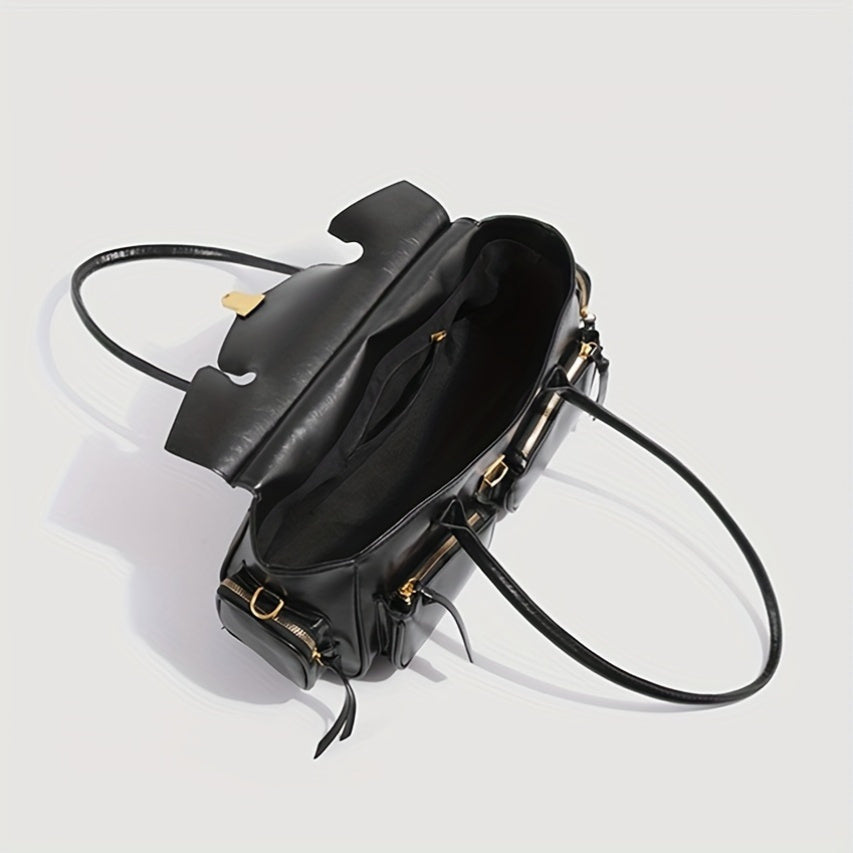 Retro French Baguette Bag - Faux Leather Kiss Lock Clutch with Long Shoulder Strap & Multi-Pocket Crossbody (Black, Dark Brown)