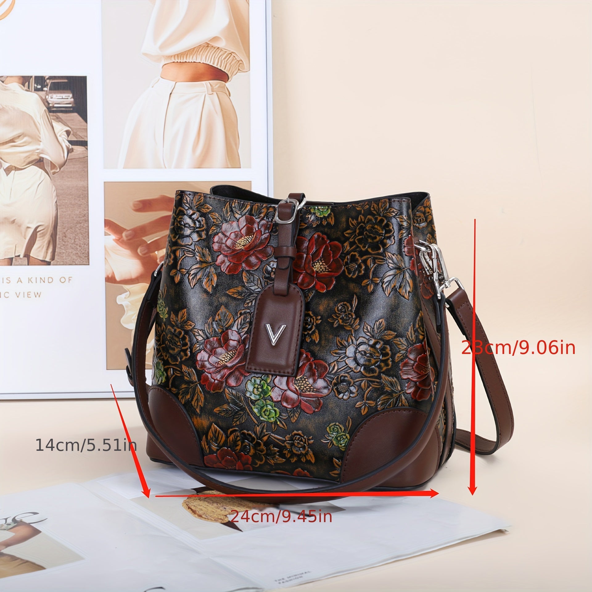 Vintage Floral Embroidered Bucket Bag – Coffee PU Crossbody with Detachable Strap & Zipper, Lightweight Large-Capacity Retro Handbag