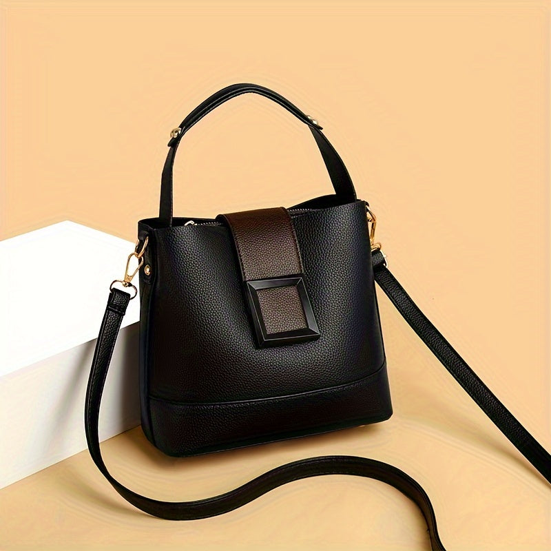Elegant Solid Color Bucket Bag with Adjustable Shoulder Strap - Lightweight PU Handbag with Zipper Closure