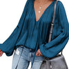 Green French Satin Tie-Front Blouse V-Neck Long Sleeve Ruched Top for Women