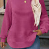 Plus Size Waffle Knit Black Sweatshirt - Lightweight Long Sleeve Round Neck Pullover for Women, Fall/Winter