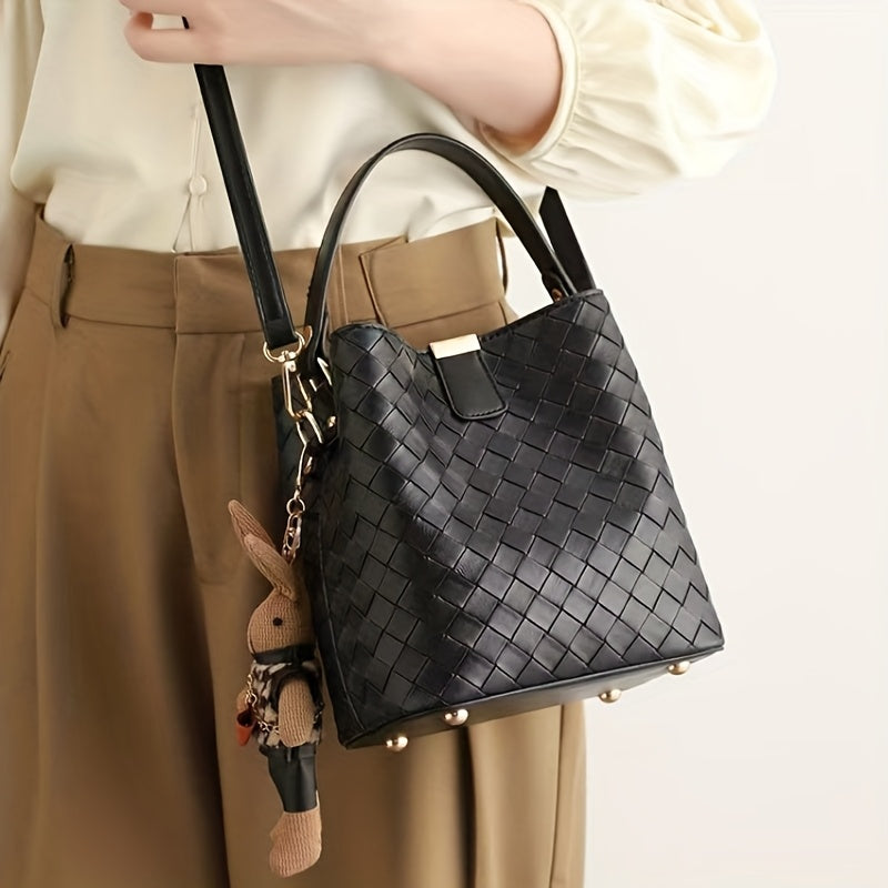 Women's Woven Faux Leather Bucket Handbag - Black Crossbody Shoulder Bag with Golden Hardware, Magnetic Closure, Adjustable Detachable Strap