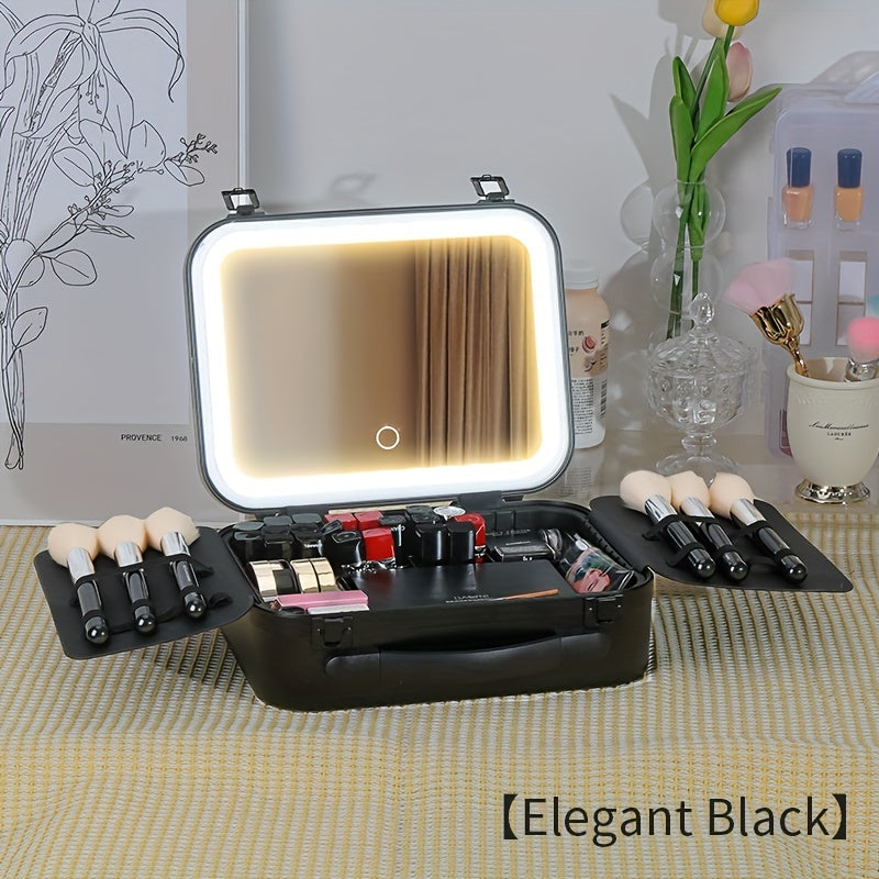 LED Lighted Rechargeable Travel Makeup Train Case with Mirror — Cosmetic Organizer for Women, USB Charging, 2000mAh