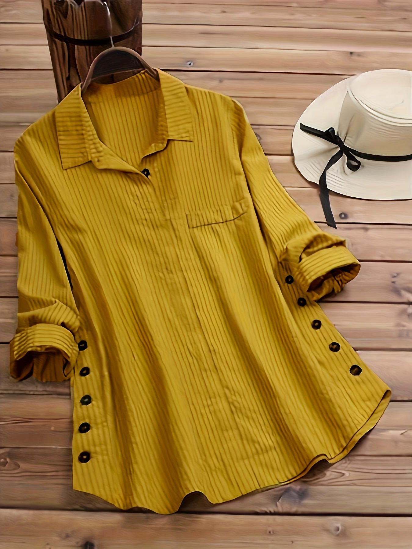 Women's Striped Boho Side-Button Blouse — Lapel Collar Roll-Up Sleeve Casual Shirt