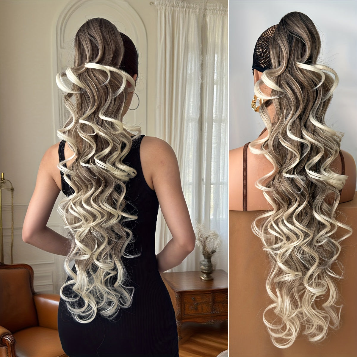 32 in (81 cm) Deep Wave Claw Ponytail Extension - Heat-Resistant Synthetic Clip-In, Burgundy/Brown/Black/Red Gradient