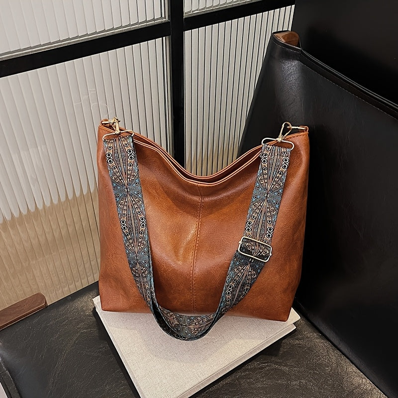 DISSEFA-TECH Women's Bucket Bag with Wide Floral Strap — Small Crossbody Shoulder Bag with Zipper & Polyester Lining, Removable Strap, Brown/Black