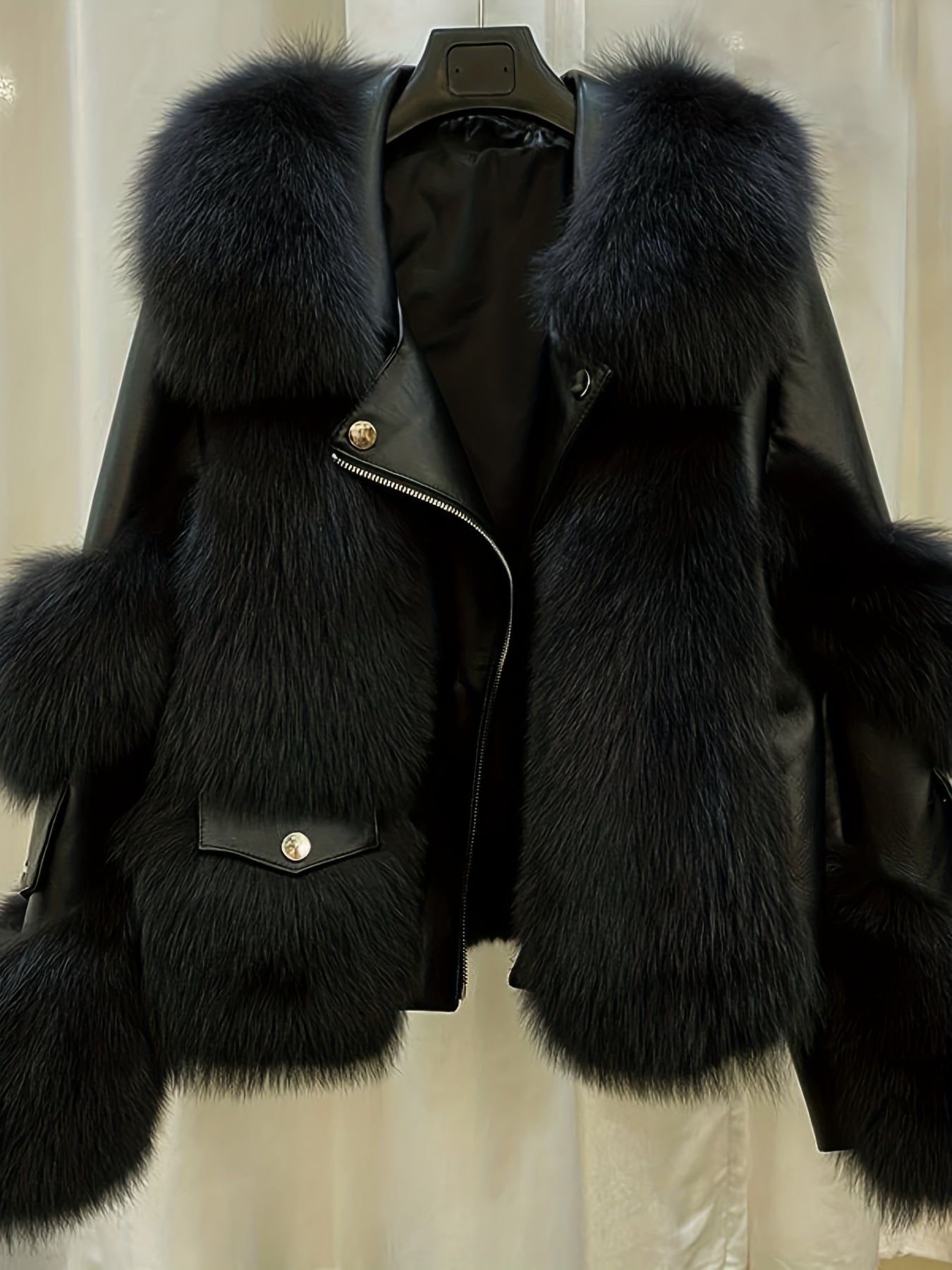 SCACTO Women's Faux Fur Jacket with Leather Accents - Long Sleeve Casual Coat