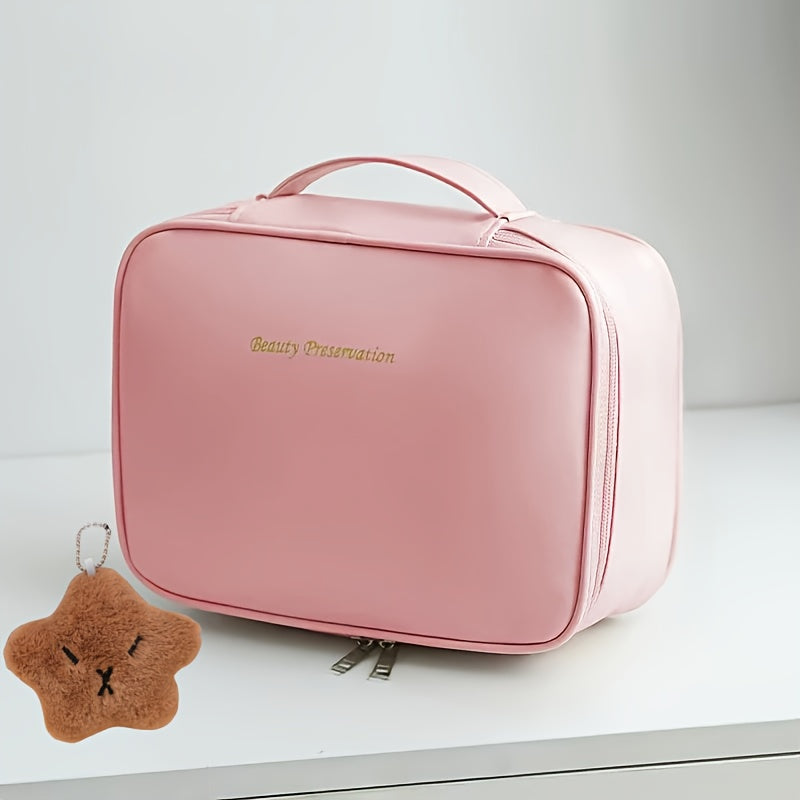 2-Piece Travel Makeup Bag Set - Large Capacity Multi-Layer Faux Leather Cosmetic Organizer with Detachable Brush Holder (White, Black, Pink, Dark Brown)