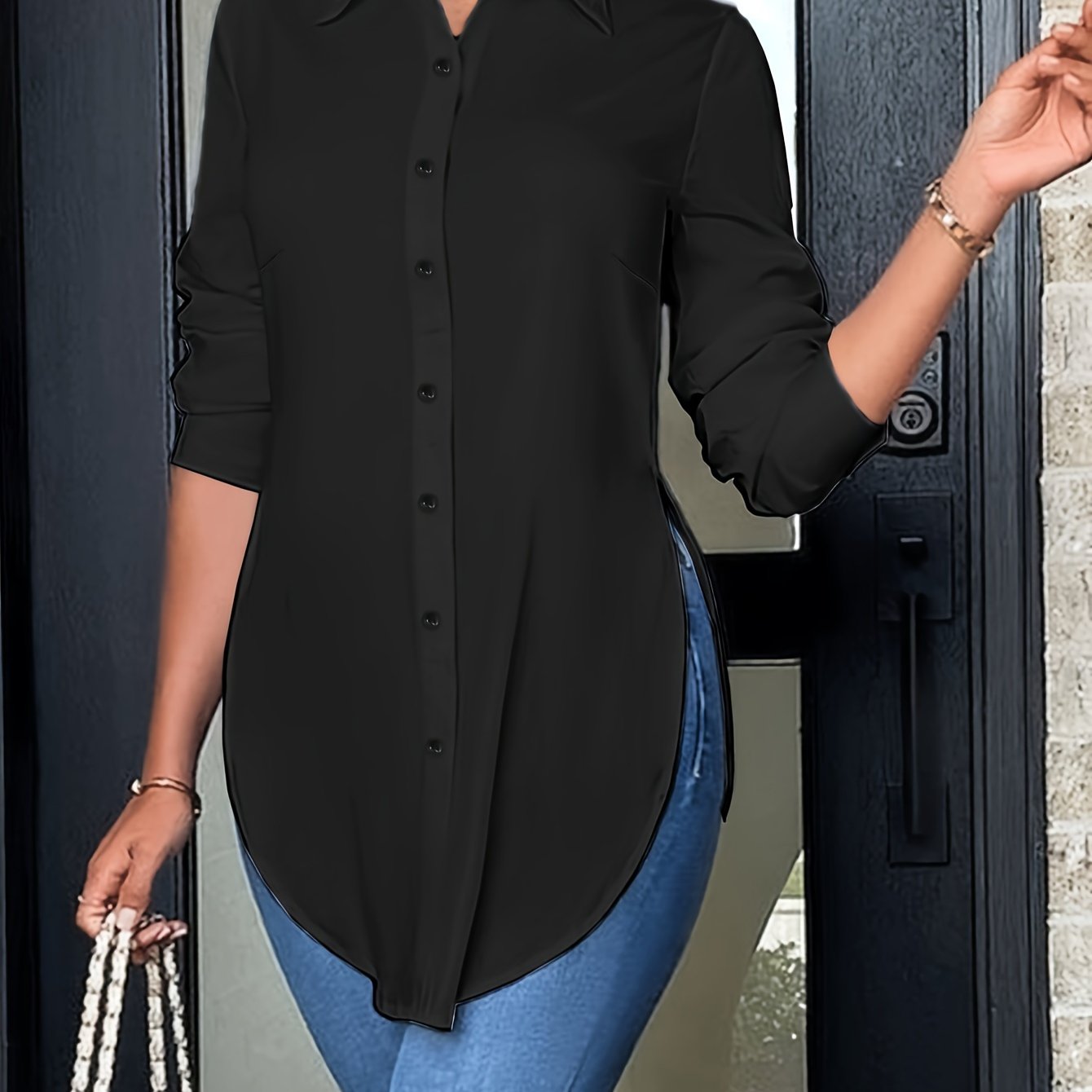 Women's Elegant Long-Sleeve Button-Front Blouse with Side Slit — Woven Polyester All-Season Office & Casual Shirt