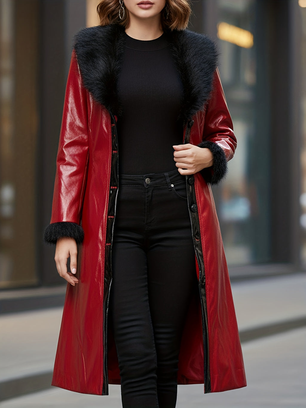 Women's Red PU Leather Long Coat with Black Faux Fur Collar & Cuffs – Regular Fit X-Line Single-Breasted Winter Jacket with Pockets, Vintage Biker Casual