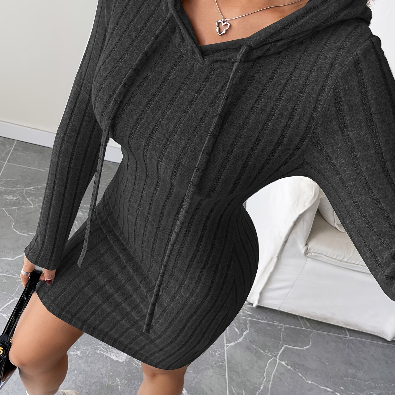 Ribbed Drawstring Hooded Bodycon Dress — Women's Rib-Knit Pencil Dress