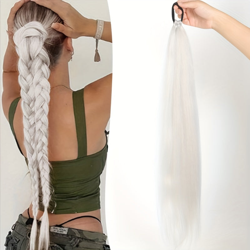 28-Inch (71 cm) Long Straight Synthetic Ponytail Extension, Wrap-Around Boxing Braid with Elastic Hair Ring for DIY