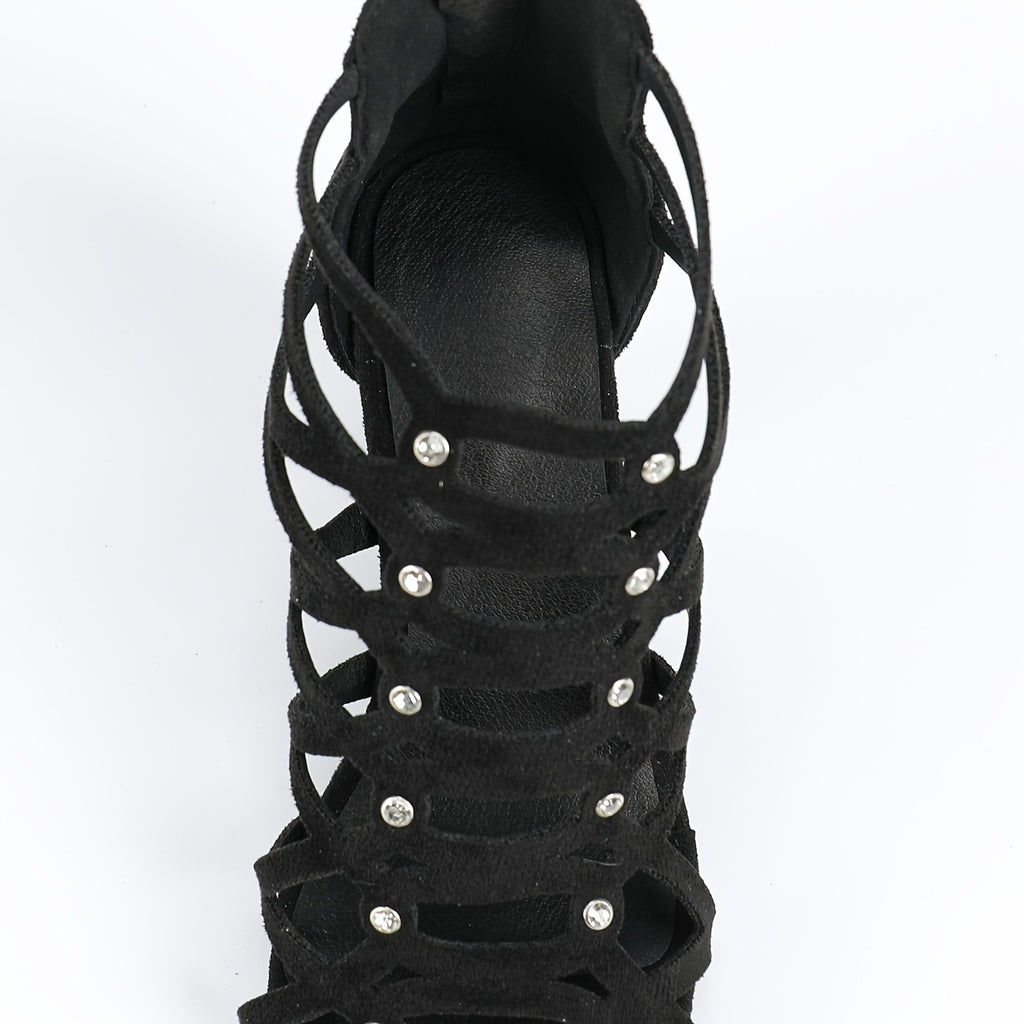 Women's Black Diamond Back Zip High Heel Strap Sandals – Round Toe Block Heel, Microfiber Upper & Insole, Rubber Sole