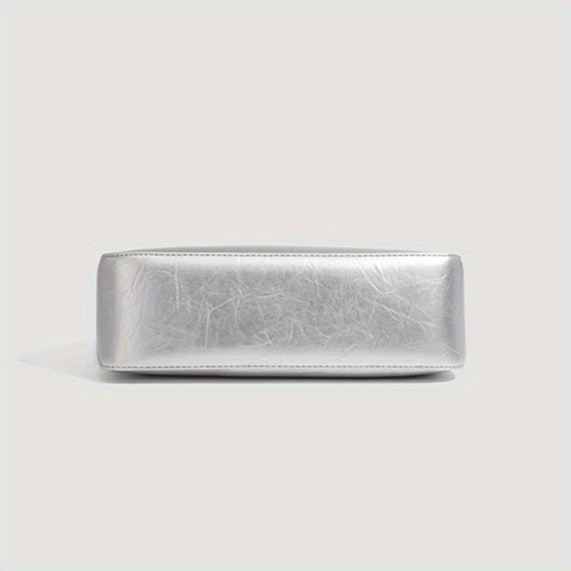 Silvery Baguette Shoulder Bag for Women – Minimalist Split Leather Adjustable Strap Handbag