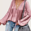 Green French Satin Tie-Front Blouse V-Neck Long Sleeve Ruched Top for Women