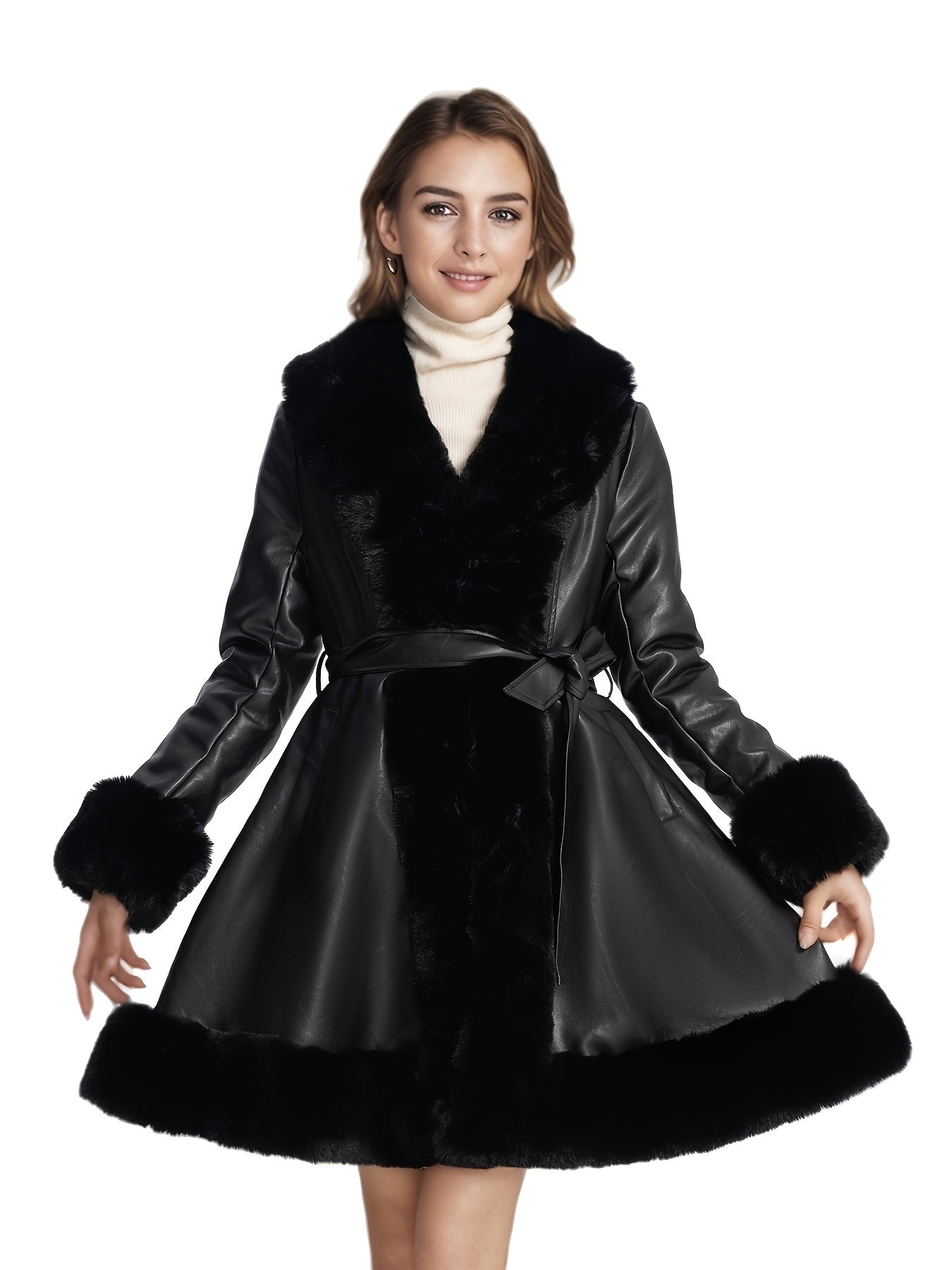 Women's Midi Faux Fur-Lined Faux Leather Belted Coat, Elegant Winter Long Sleeve Jacket