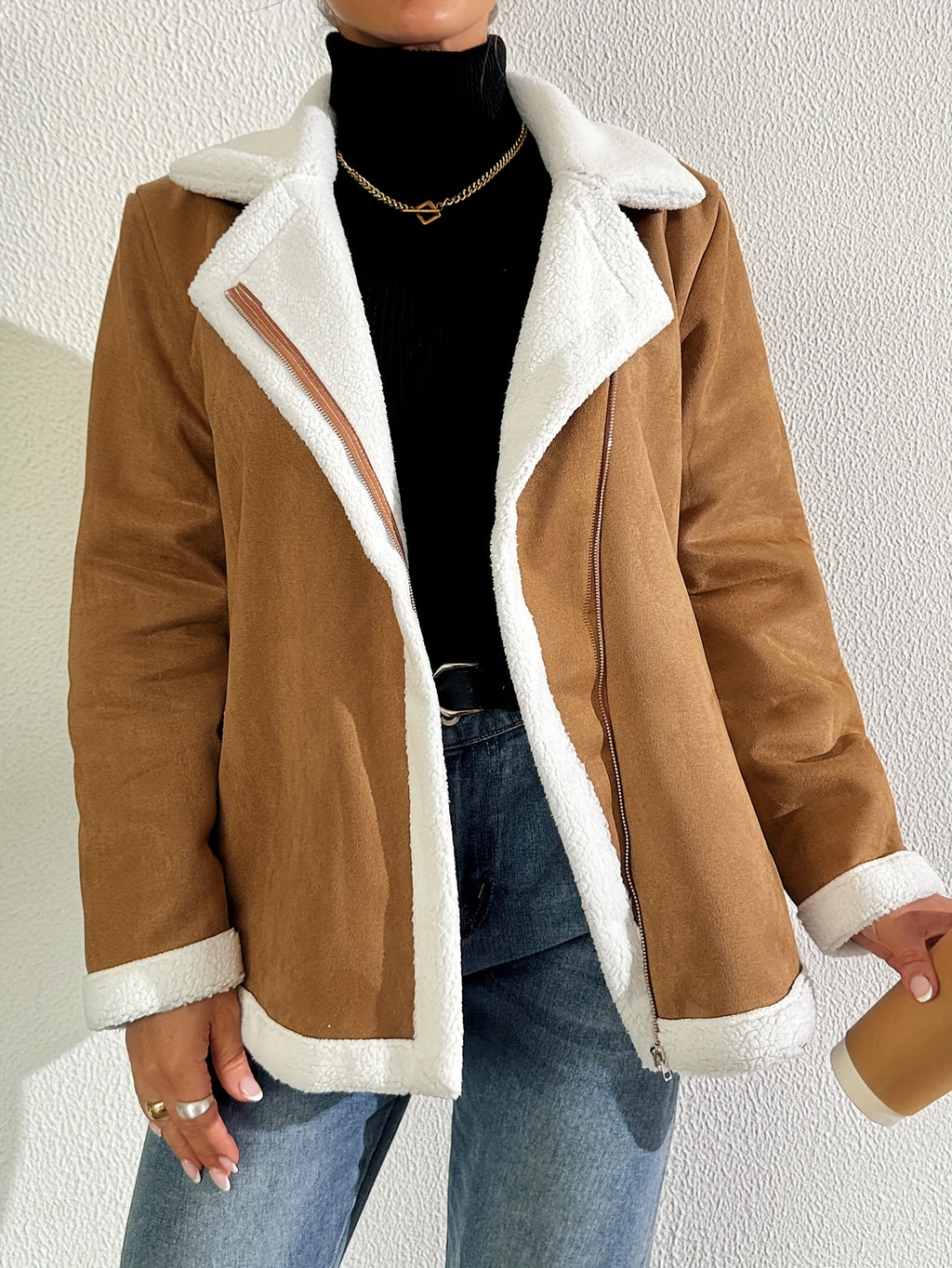 Women's Faux Fur Trim Jacket – Minimalist Elegant Faux Leather Outerwear, Warm & Machine Washable