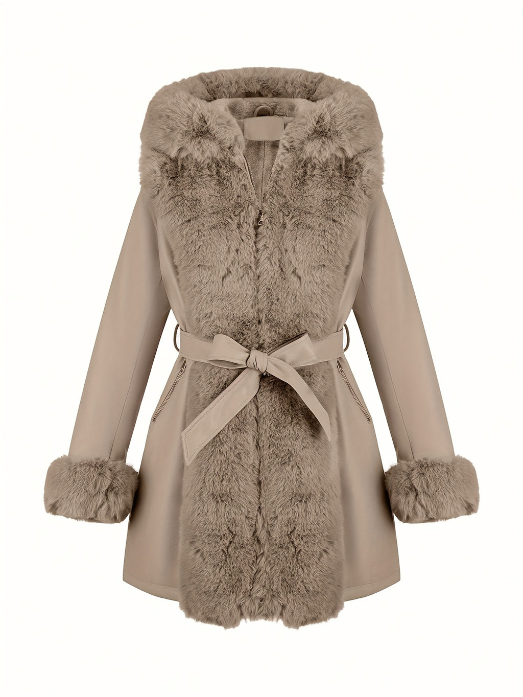 Women's Faux Fur-Trim PU Leather Hooded Coat with Belt - Warm Black Fall/Winter Jacket