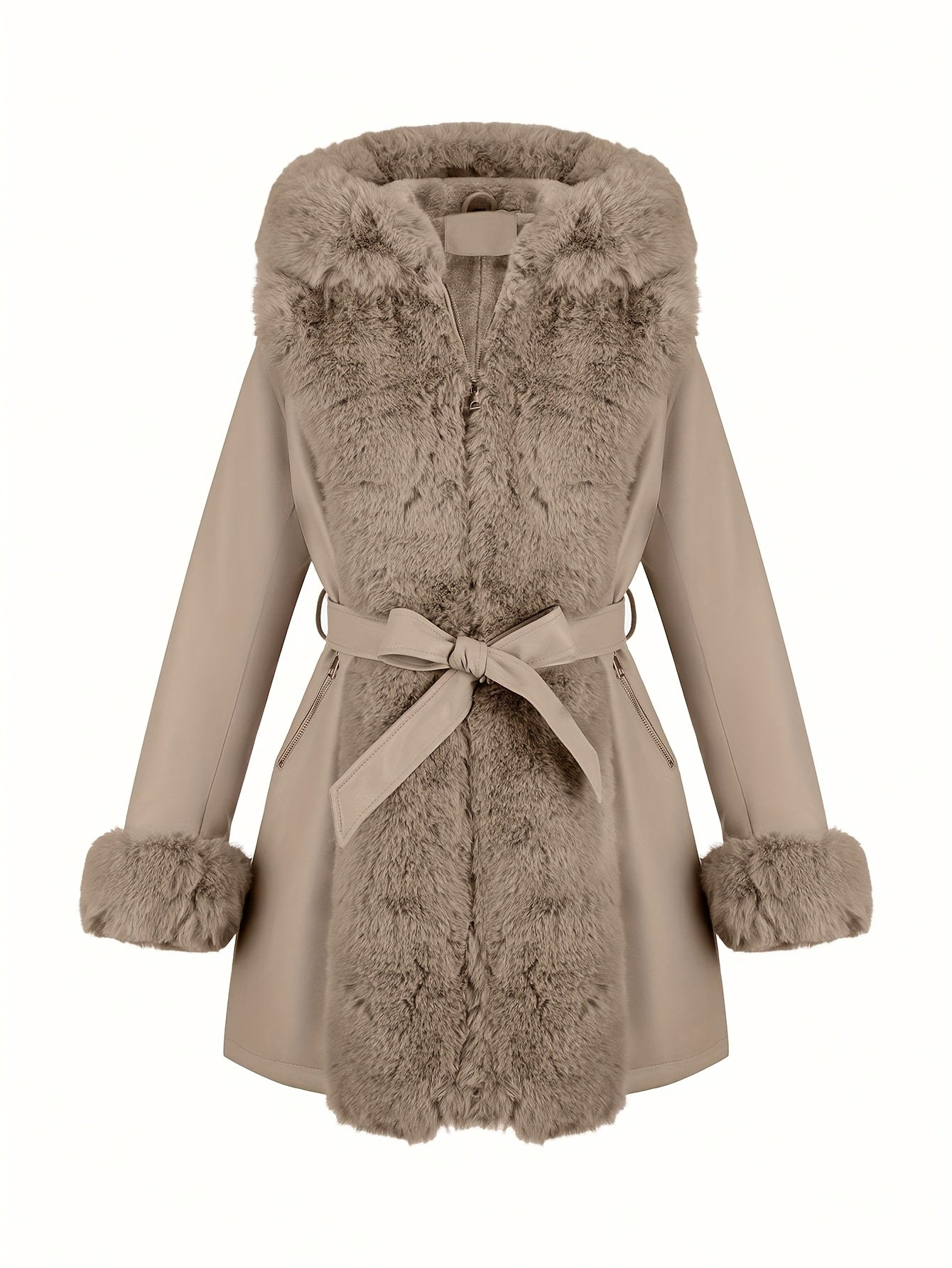 Women's Faux Fur-Trim PU Leather Hooded Coat with Belt - Warm Black Fall/Winter Jacket