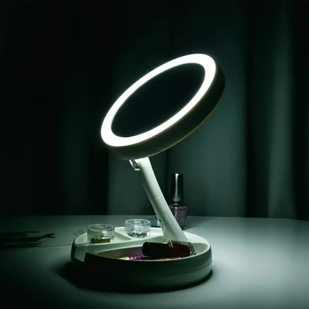 Foldable LED Vanity Mirror - Dual-Sided 1X/10X Magnification, Adjustable Brightness, Compact White Makeup Mirror