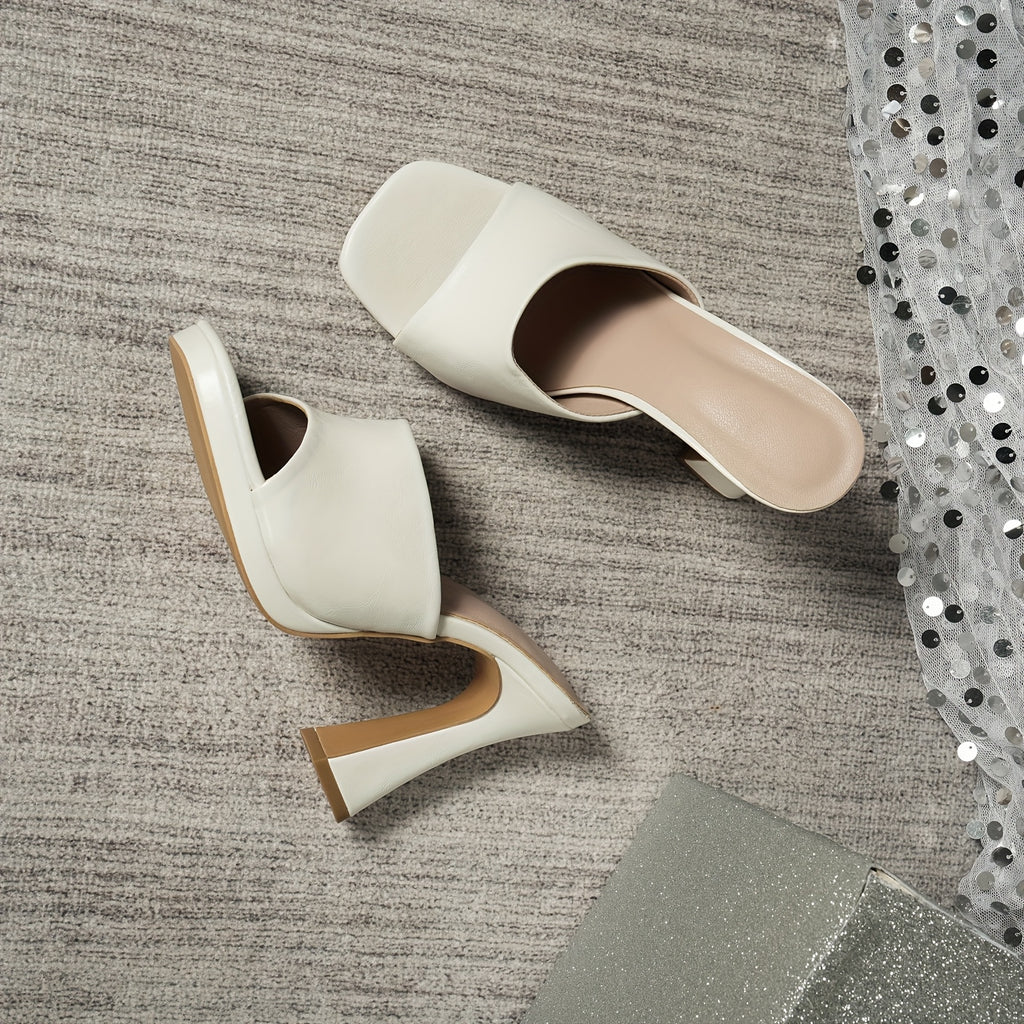 Women's White Square Toe Ankle-Strap High Heel Sandals – PU Upper, Thick Platform, Rubber Sole – Wedding & Party Shoes