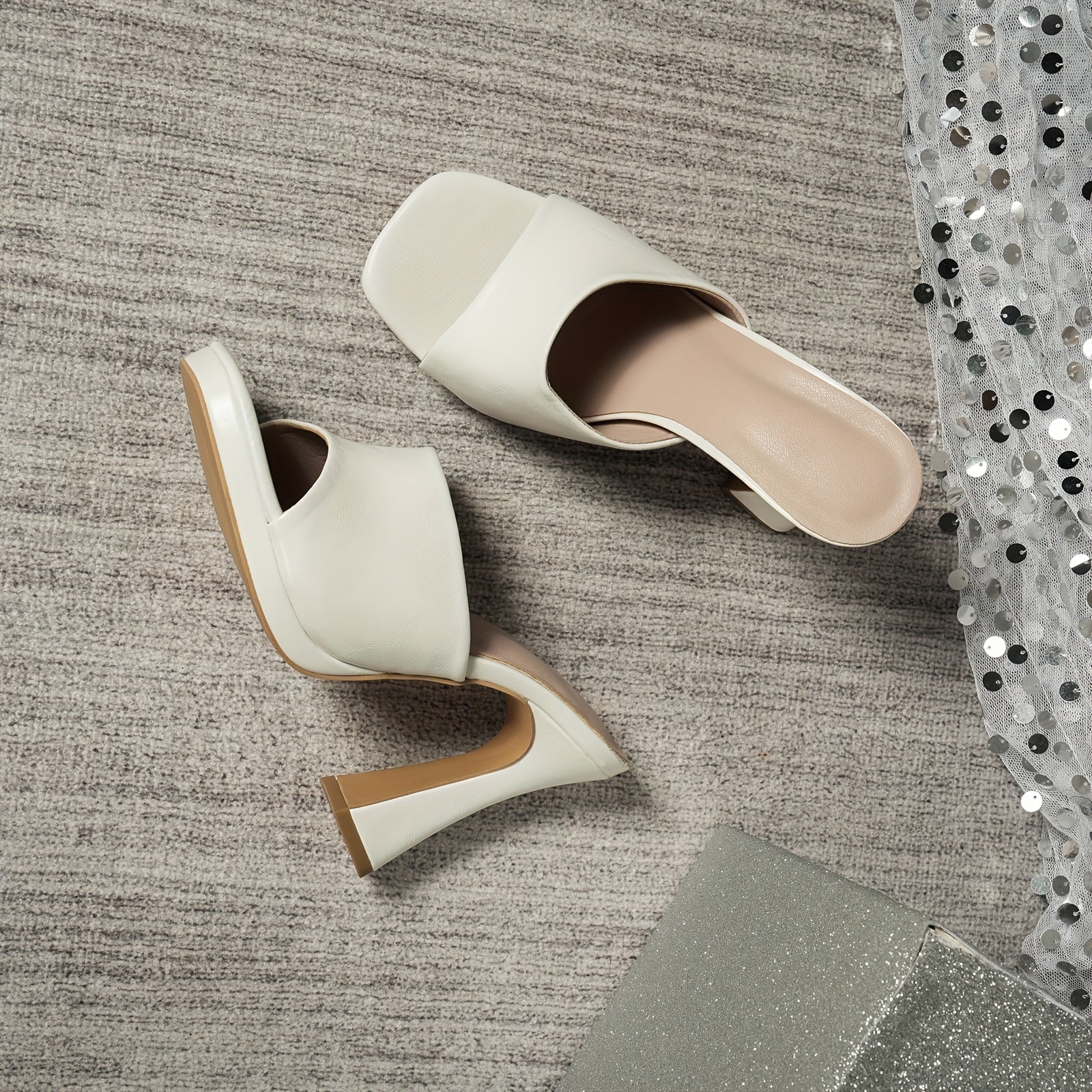 Women's White Square Toe Ankle-Strap High Heel Sandals – PU Upper, Thick Platform, Rubber Sole – Wedding & Party Shoes