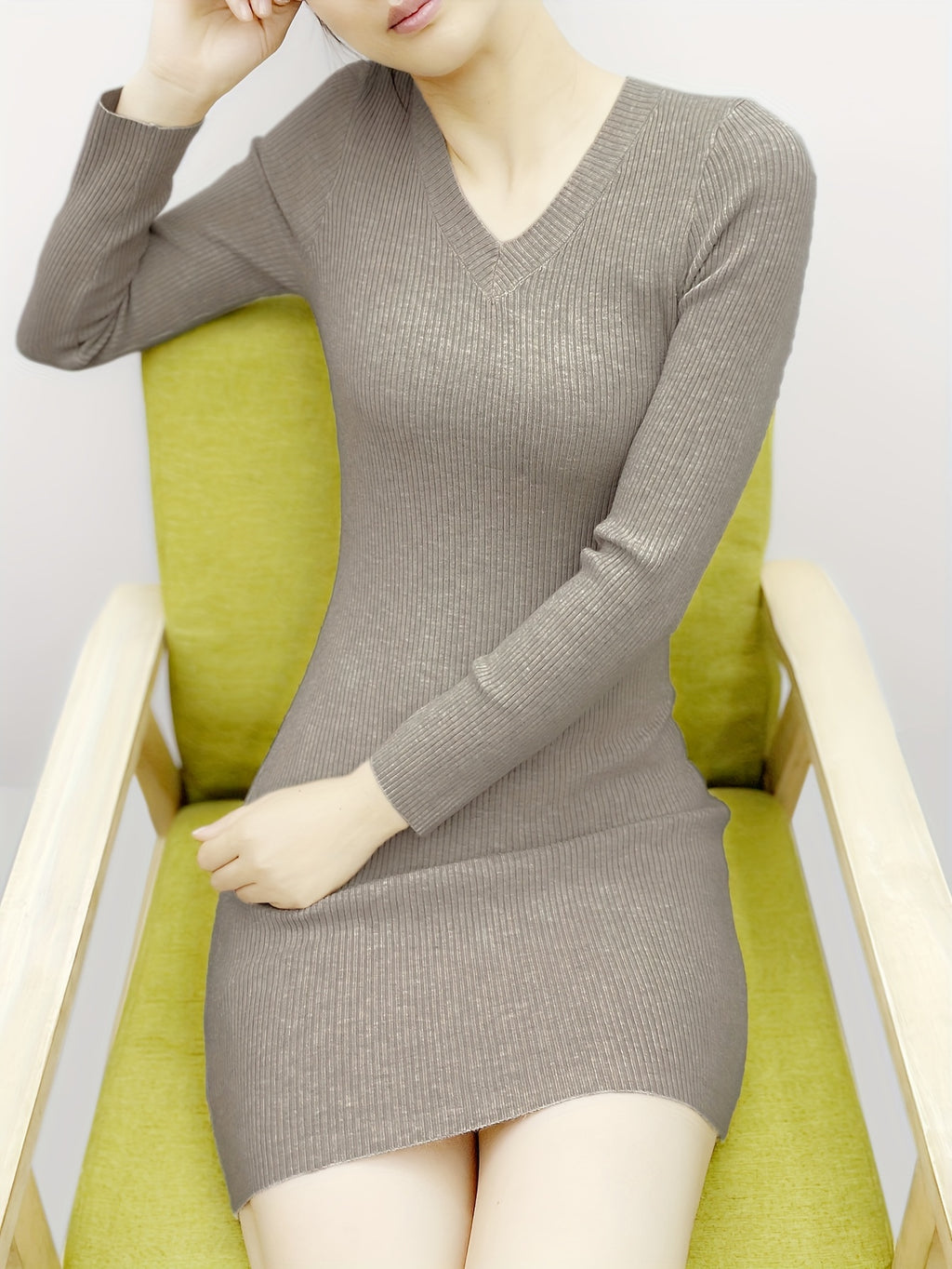 Women's Elegant V-Neck Knit Sweater Bodycon Dress - Long Sleeve Fall Winter