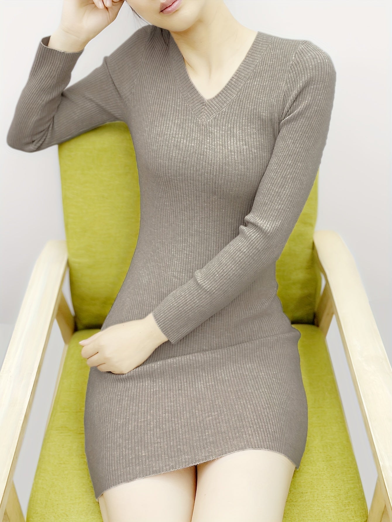 Women's Elegant V-Neck Knit Sweater Bodycon Dress - Long Sleeve Fall Winter