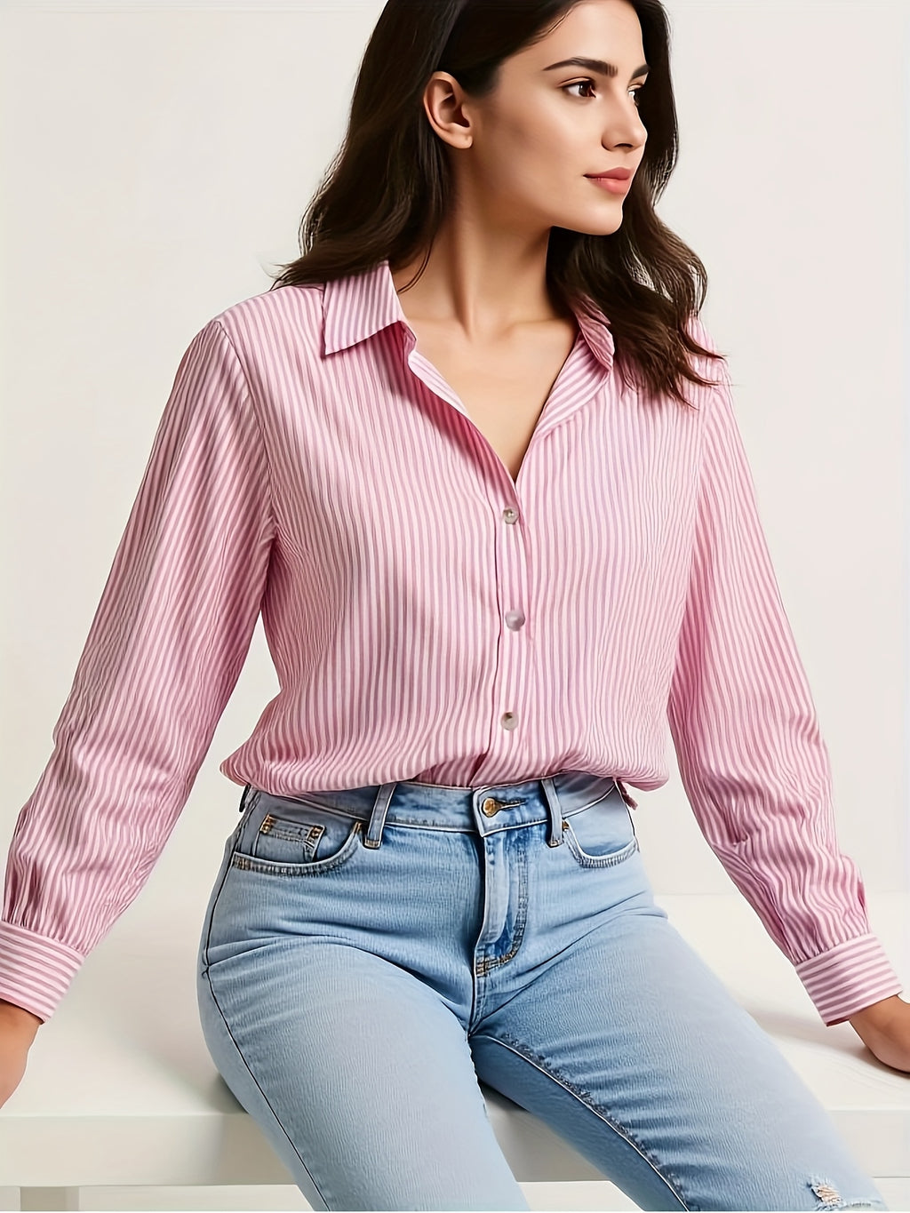 Elegant Blue Striped Lapel Shirt for Women – Versatile Button-Down, 100% Polyester