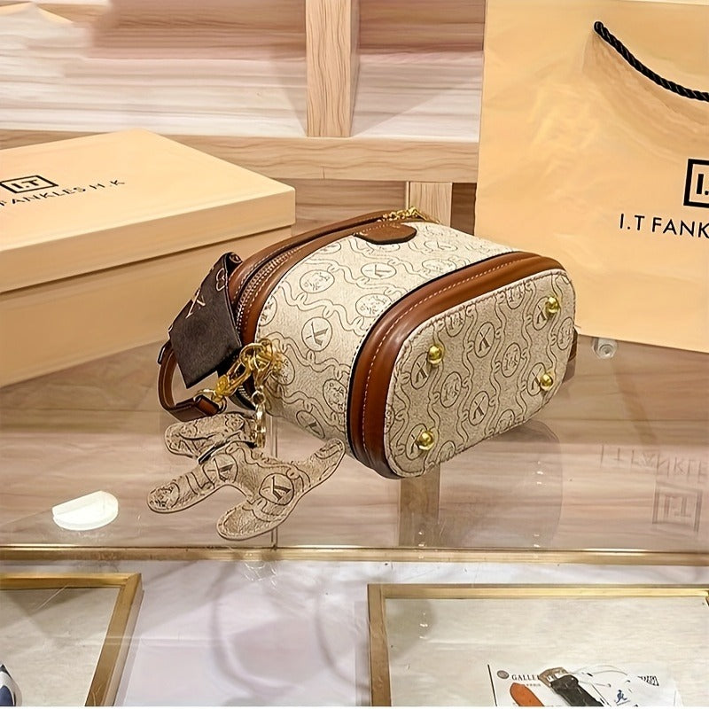 Women's Beige PVC Bucket Handbag with Gold-Tone Hardware, Detachable Chain Accent, Adjustable Crossbody Shoulder Strap, Zipper Tote Purse for Weddings & Parties