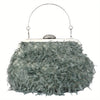 Feather Furry Kiss-Lock Clutch with Metal Chain and Rhinestone Frame — Elegant Evening Prom Cocktail Bag