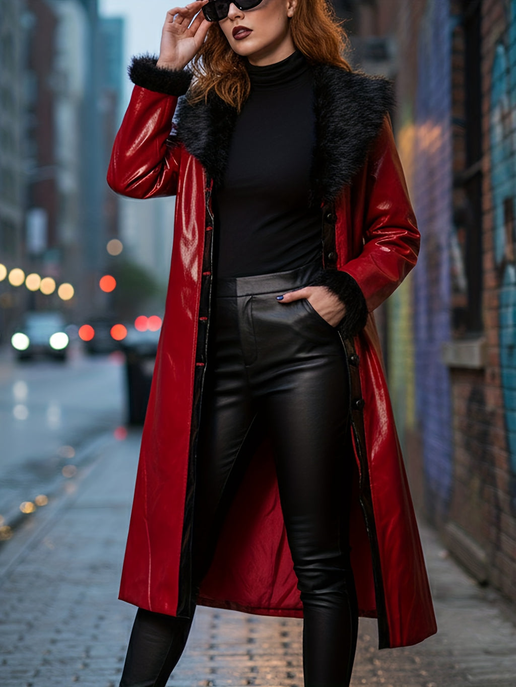 Women's Red PU Leather Long Coat with Black Faux Fur Collar & Cuffs – Regular Fit X-Line Single-Breasted Winter Jacket with Pockets, Vintage Biker Casual