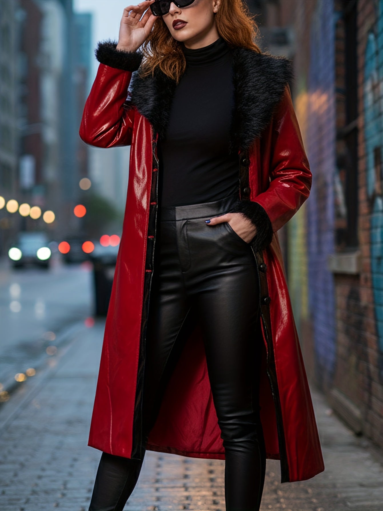 Women's Red PU Leather Long Coat with Black Faux Fur Collar & Cuffs – Regular Fit X-Line Single-Breasted Winter Jacket with Pockets, Vintage Biker Casual