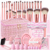 54-Piece Professional Makeup Brush Set with Pink Cosmetic Bag, Headband & Wristbands — Foundation Eyeshadow Blush Sponges & Mirror, Nylon Bristles for All Skin Types