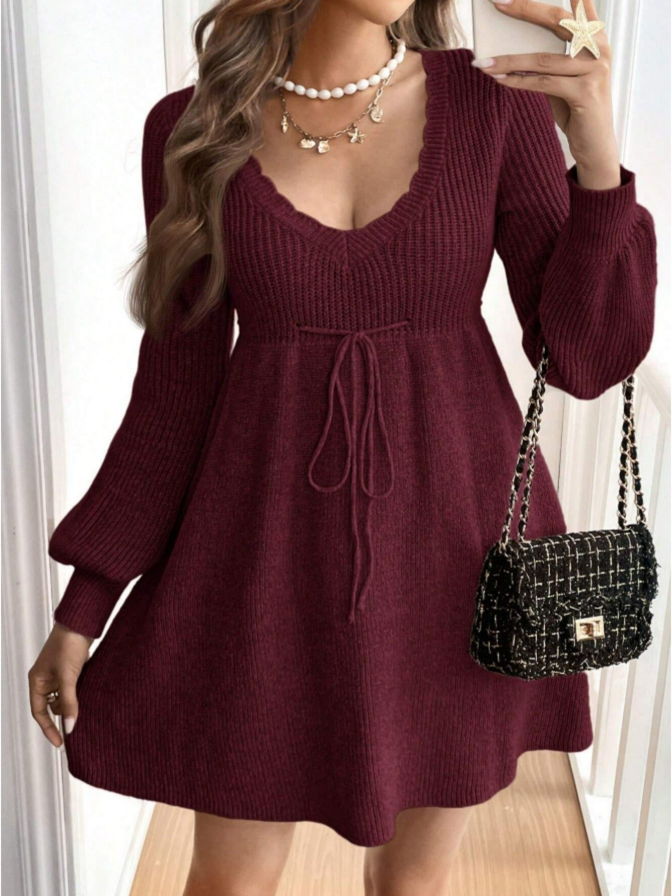 Plus Size V-Neck Red Drawstring Knit Dress for Women