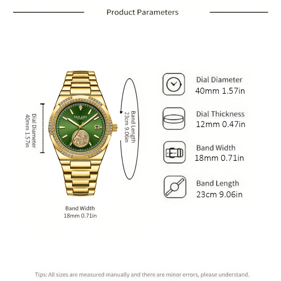 SAILANG Automatic Mechanical Unisex Watch – Green Luminous Dial, Gold-Tone Rhinestone-Embellished Case, Alloy Band, Date Display