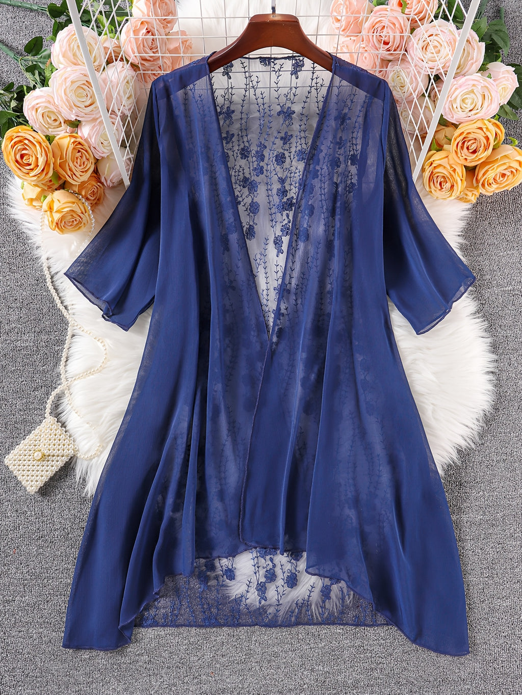 Plus Size Floral Embroidered Kimono Cardigan - Lace Trim Midi Cape, Long Sleeve Semi-Sheer