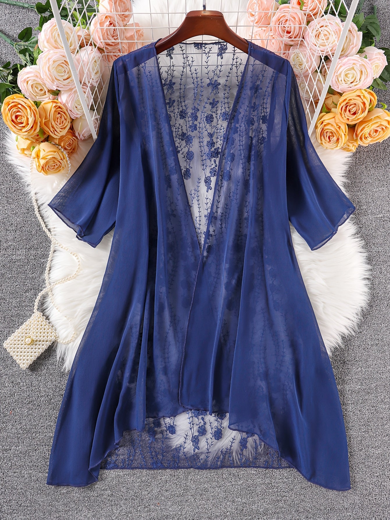 Plus Size Floral Embroidered Kimono Cardigan - Lace Trim Midi Cape, Long Sleeve Semi-Sheer