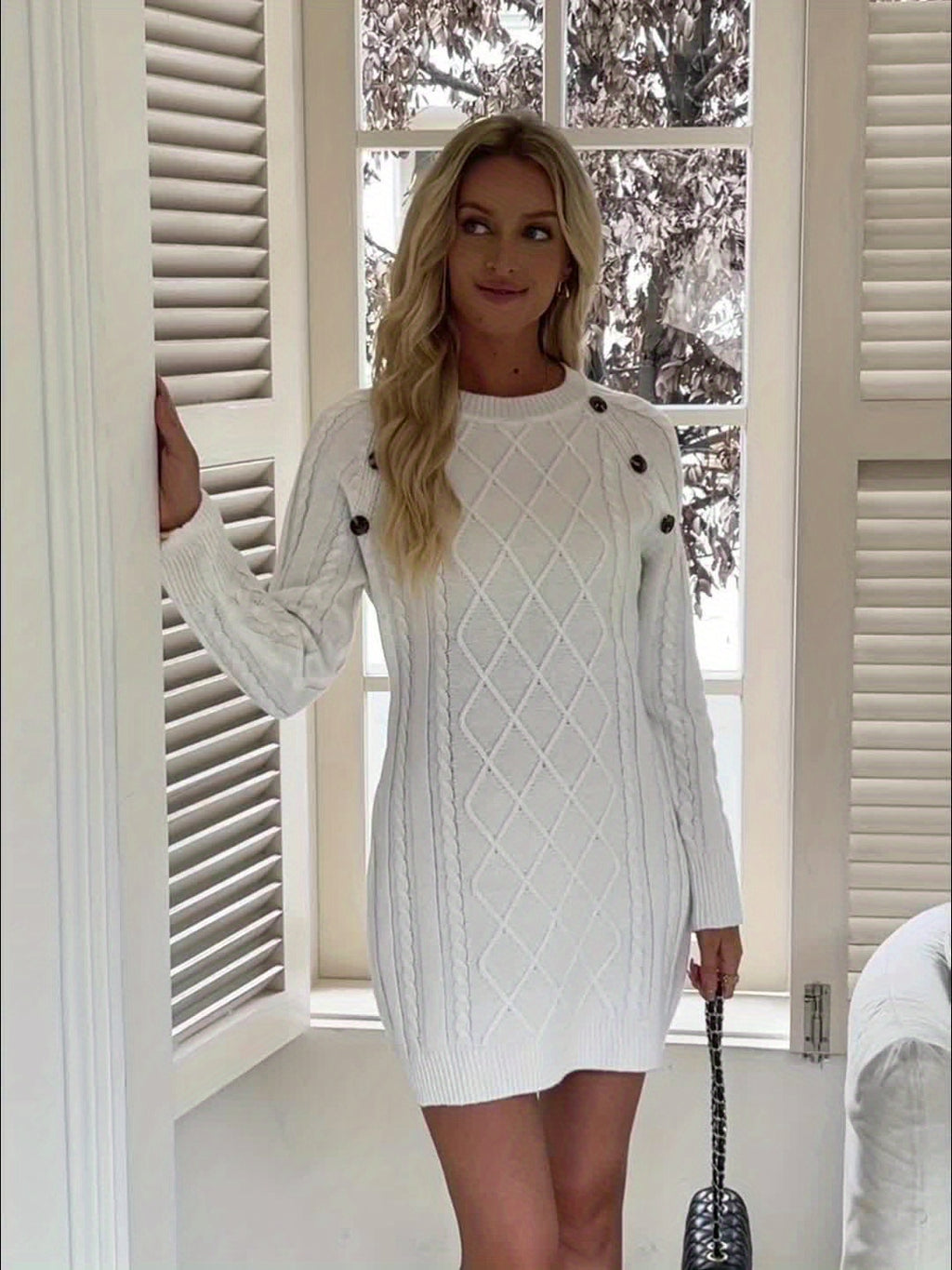 Women's Cable Knit Sweater Dress - Round Neck Ribbed Texture, Versatile Fall Winter Casual to Formal